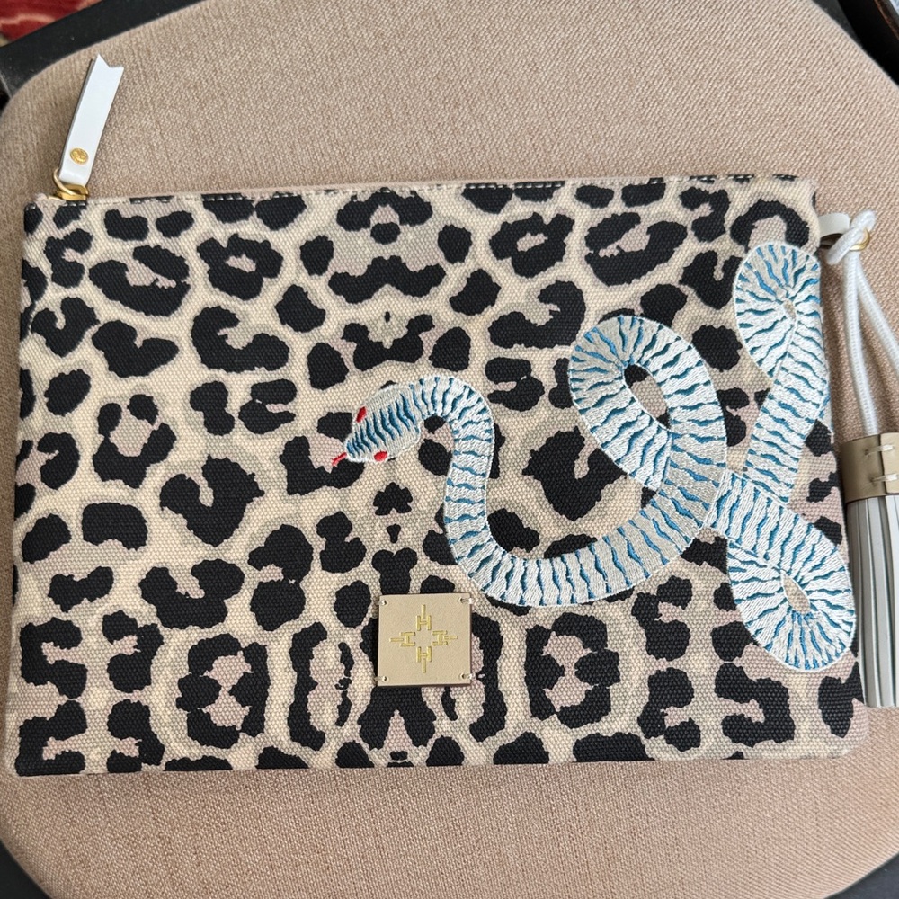 India Hicks Leopard Print Clutch with Blue Snake Embroidery